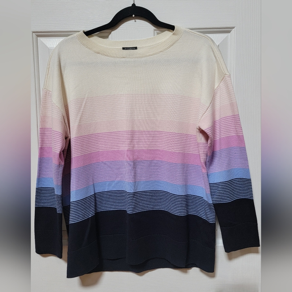 Talbots Striped Padtel Cream Sweater Size Large Petite